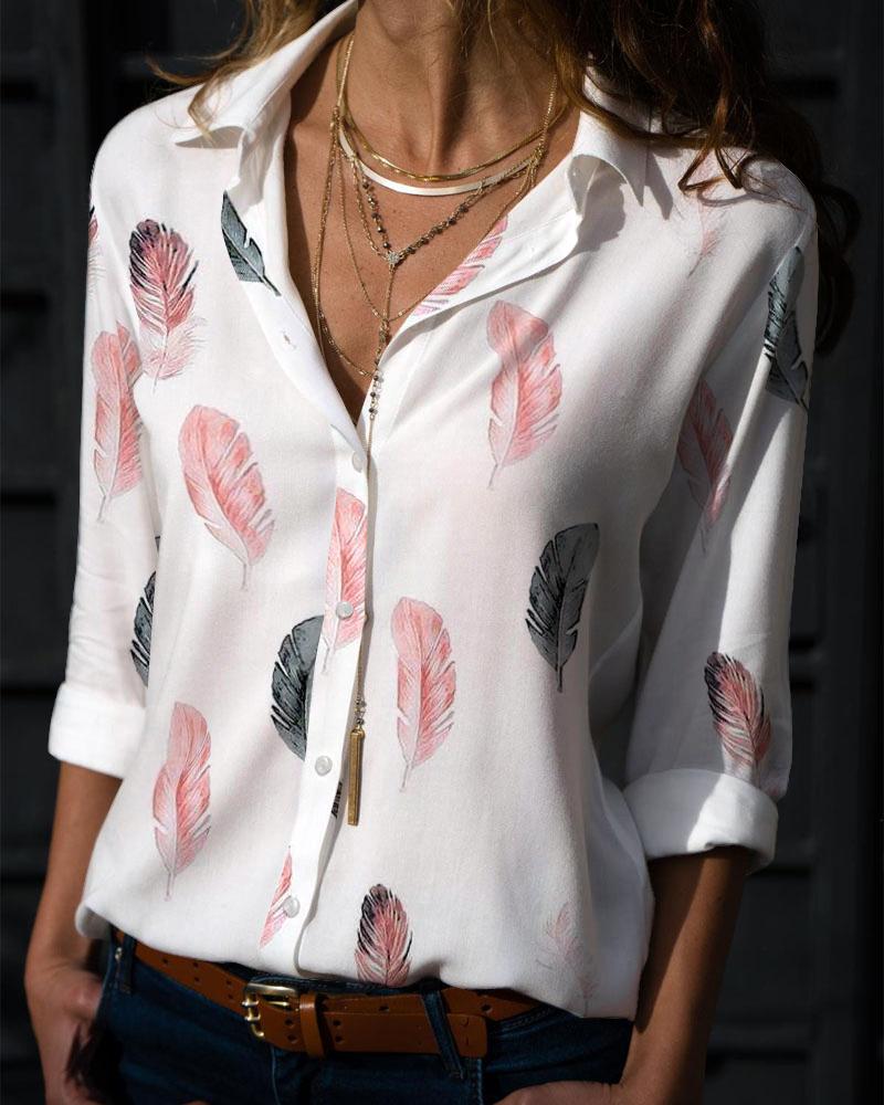 

Feather Print Long Sleeve Button Down Shirt, White