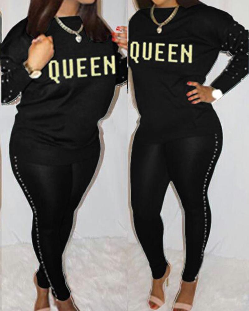 

Plus Size Letter Print Beaded Long Sleeve Top & Pants Set, Black