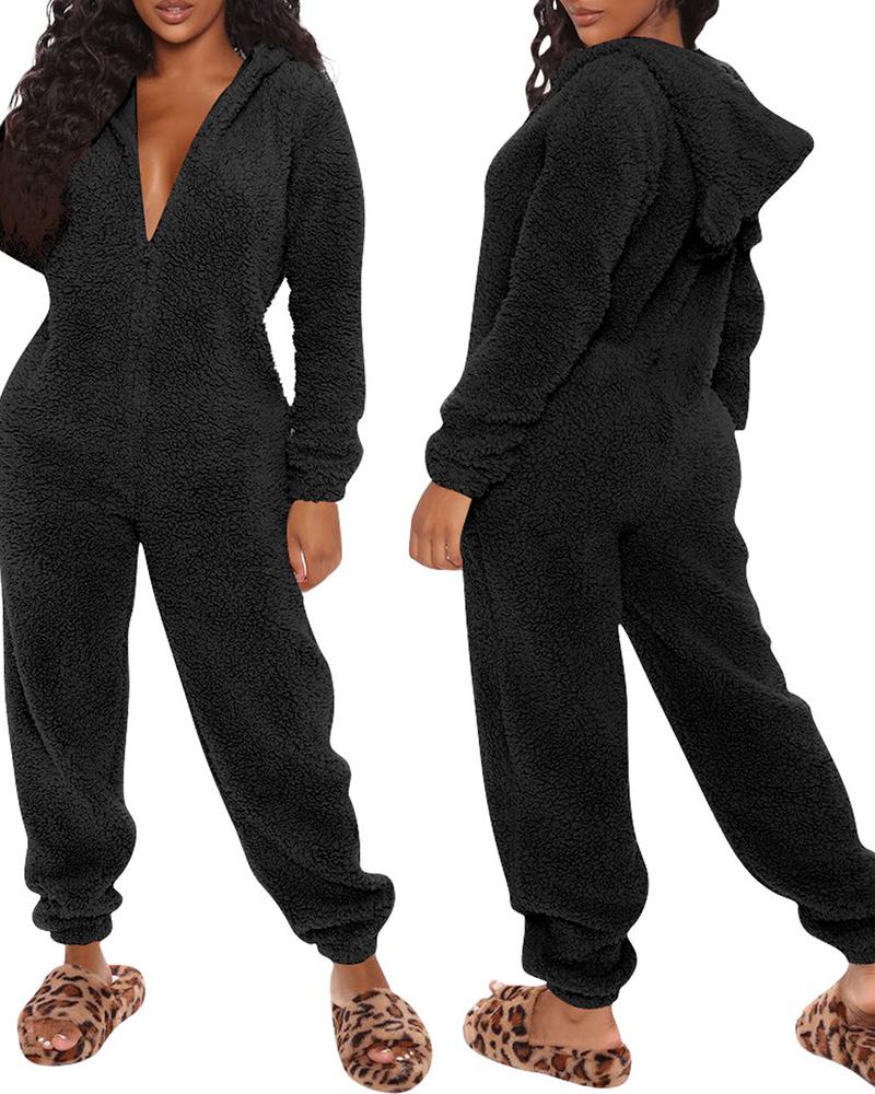 

3D Ear Zipper Front Hooded Fluffy Lounge Jumpsuit, Black