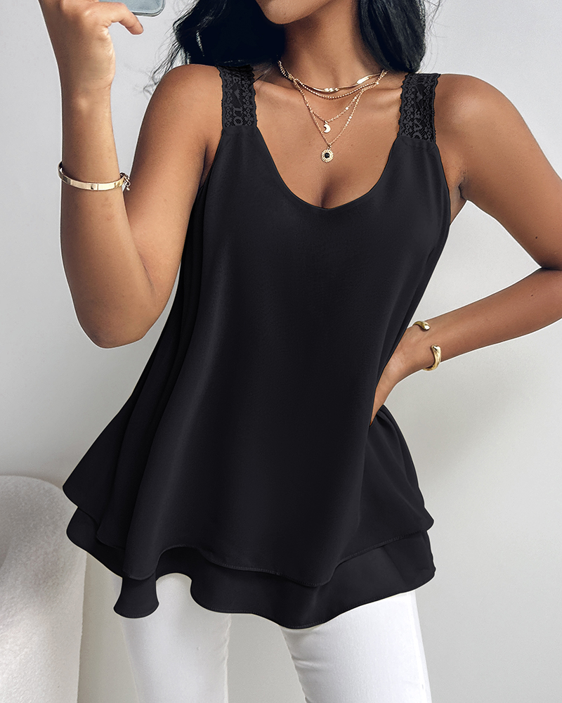 

Love Heart Pattern Contrast Lace Layered Chiffon Tank Top, Black