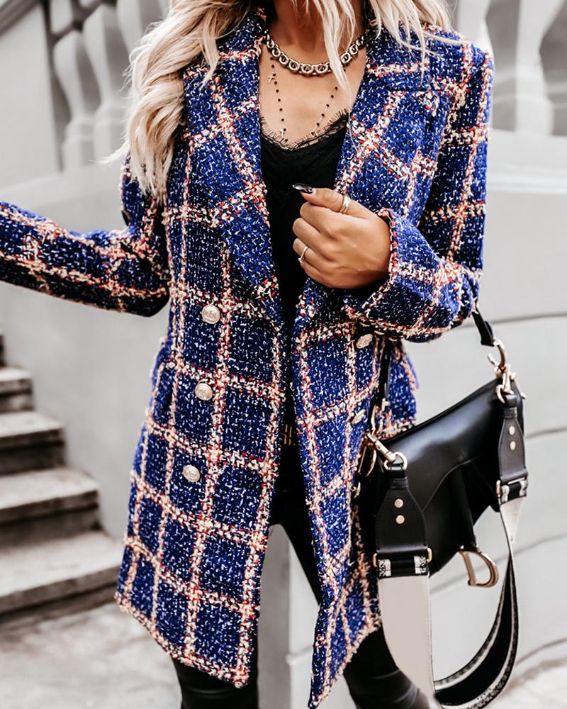 

Plaid Print Double Breasted Blazer Coat, Dark blue