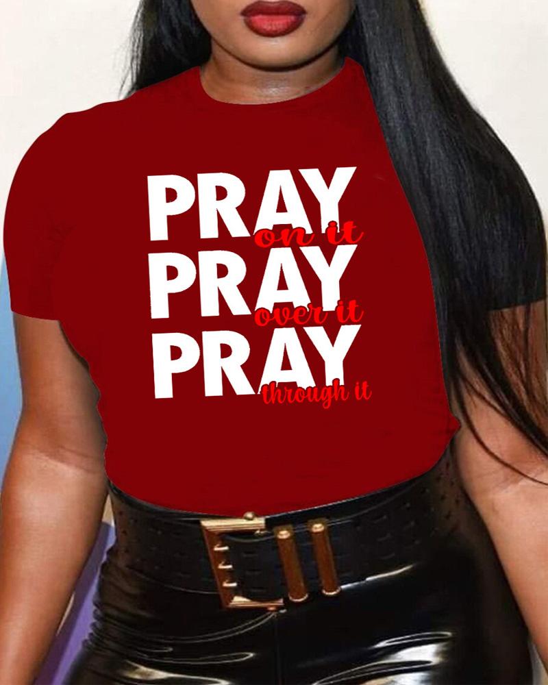 

Plus Size Pray On It Pray Over It Pray Through It Print Casual T-shirt, Red