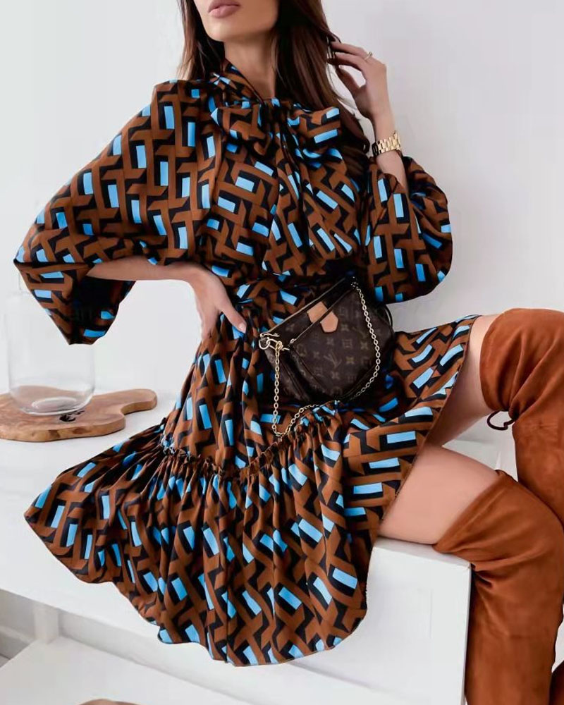 

Geo Print Tie Neck Belted Ruffle Hem Dress, Coffee