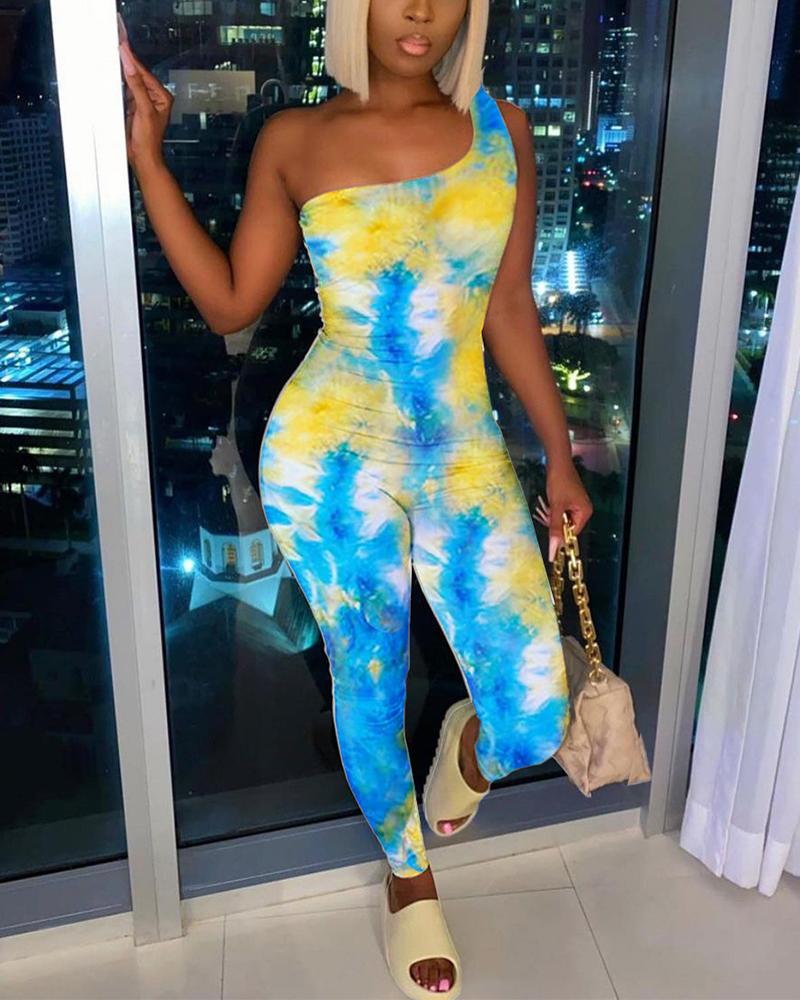 

Tie Dye Print One Shoulder Sleeveless Skinny Jumpsuits, Yellow