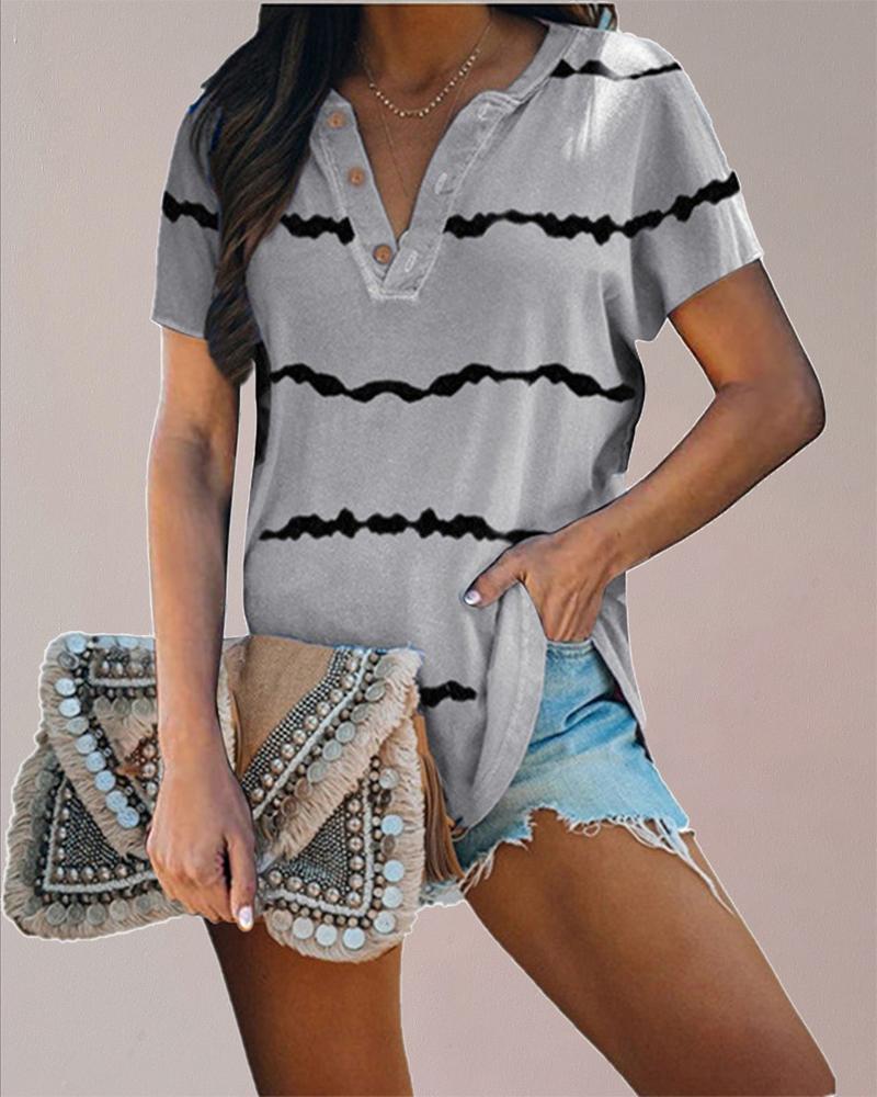 

Tie Dye Print Buttoned V-Cut Casual T-shirt, Gray