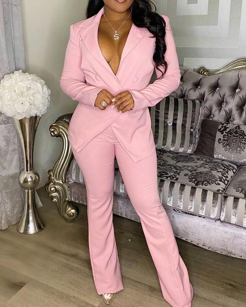 

Long Sleeve Double Breasted Blazer & Pants Set, Pink