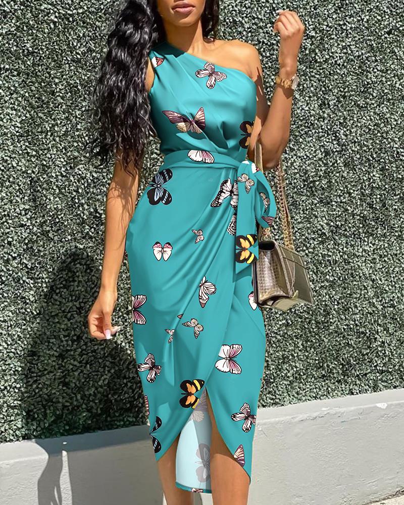 

Butterfly Print Slash Neck Ruched Slit Dress, Green