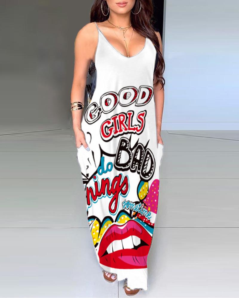 

Multicolor Lip Letter Print Pocket Design Maxi Dress, Style4