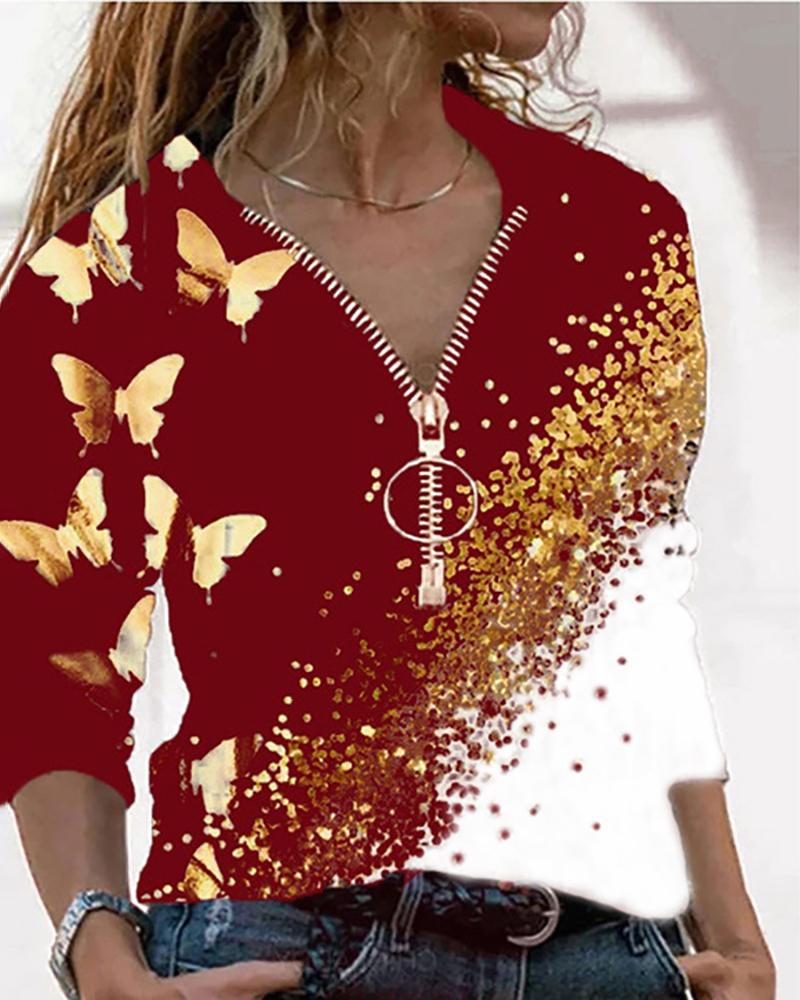 

Long Sleeve Zip Front Butterfly Print Top, Wine red