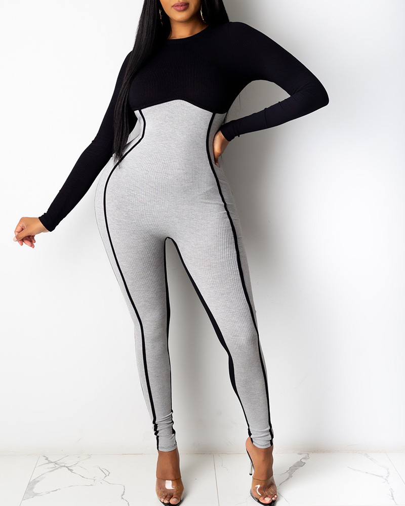 

Ribbed Long Sleeve Colorblock Skinny Jumpsuit, Black