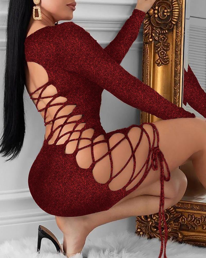 

Glittr Backless Lace-Up Seequins Bodycon Dress, Red