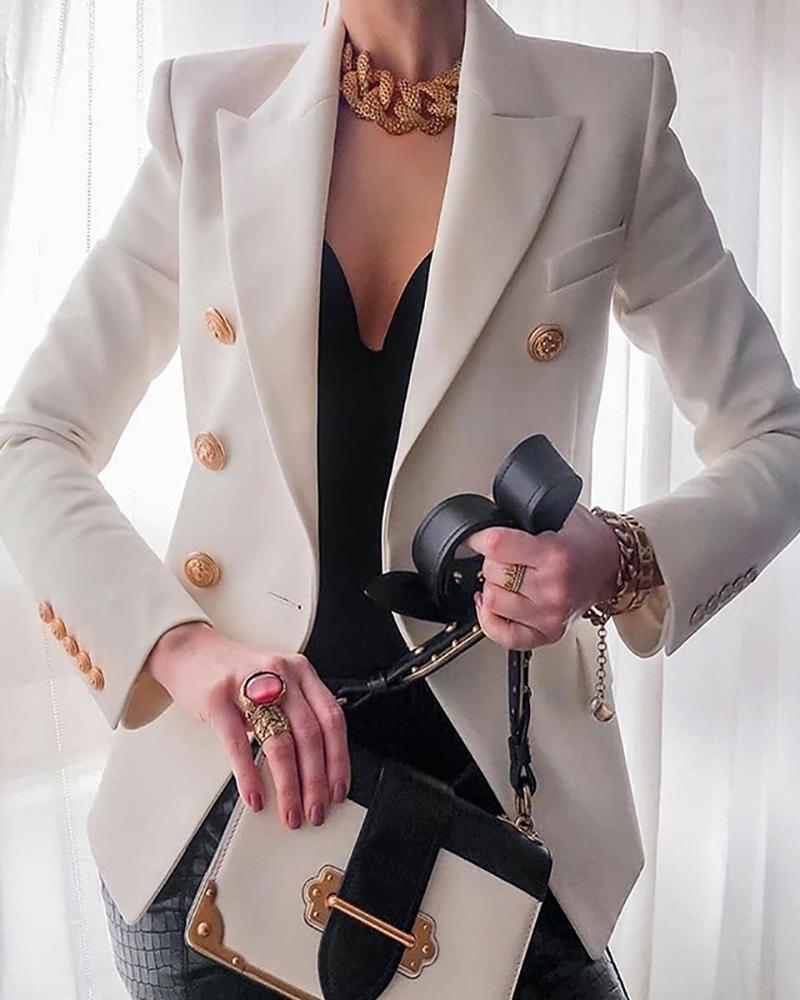 

Button Decor Long Sleeve Blazer Coat, White