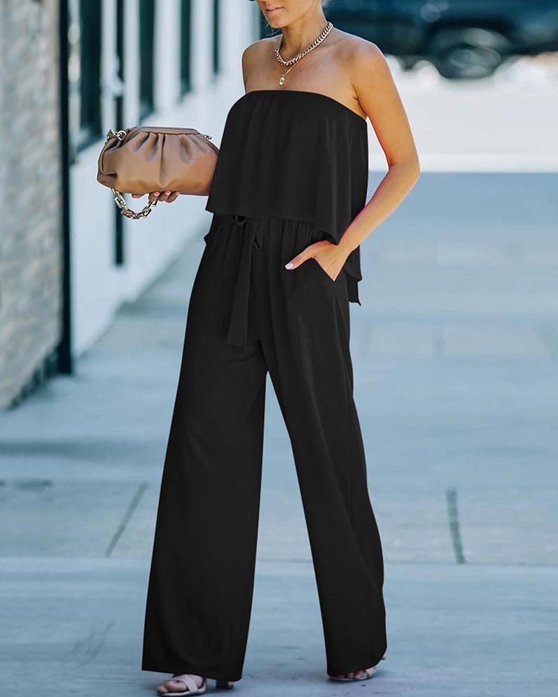 

Strapless Bandeau Pocket Design Ruffles Wide Leg Jumpsuit, Black