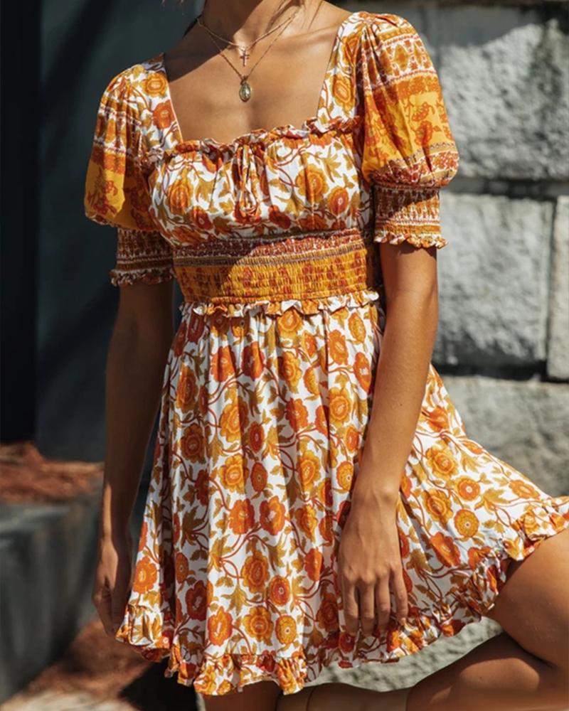 

Floral Square Neck Mini Dress, Orange