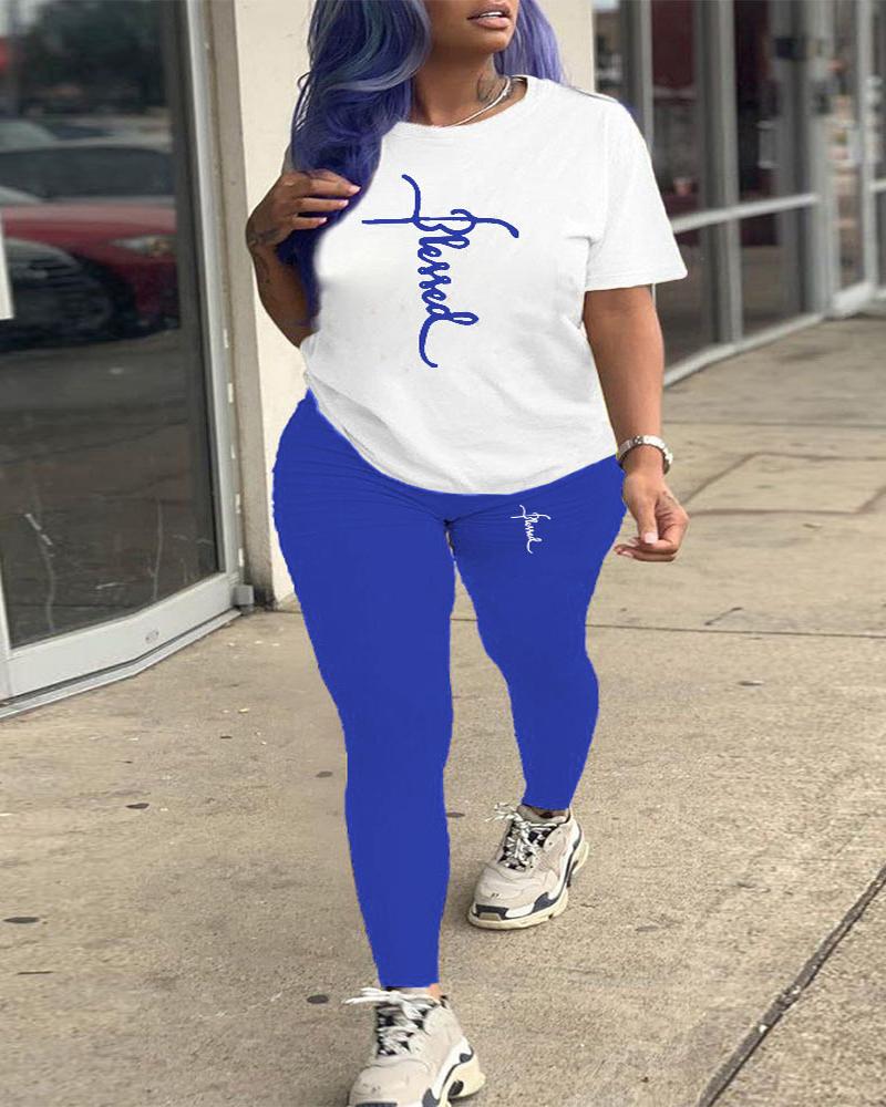 

Plus Size Blessed Print Casual Top & Pants Set, Blue