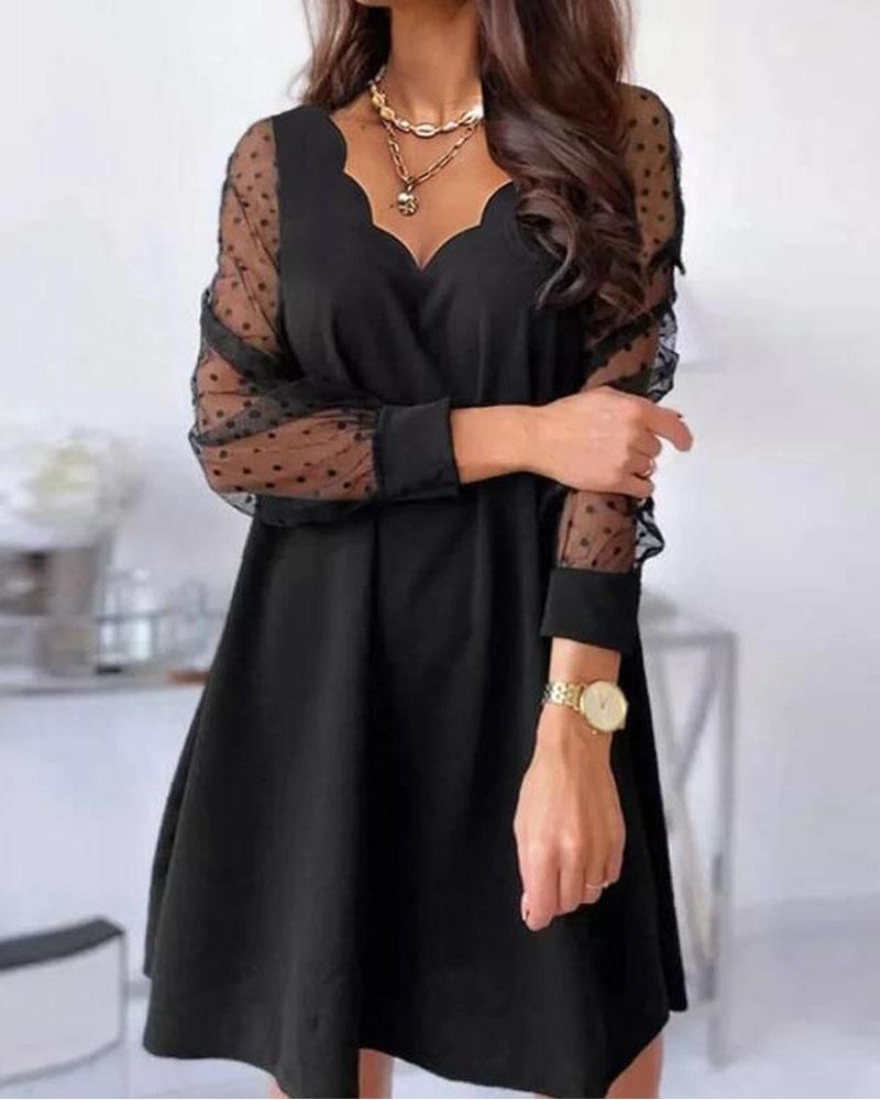 

Contrast Mesh Long Sleeve Casual Dress, Black