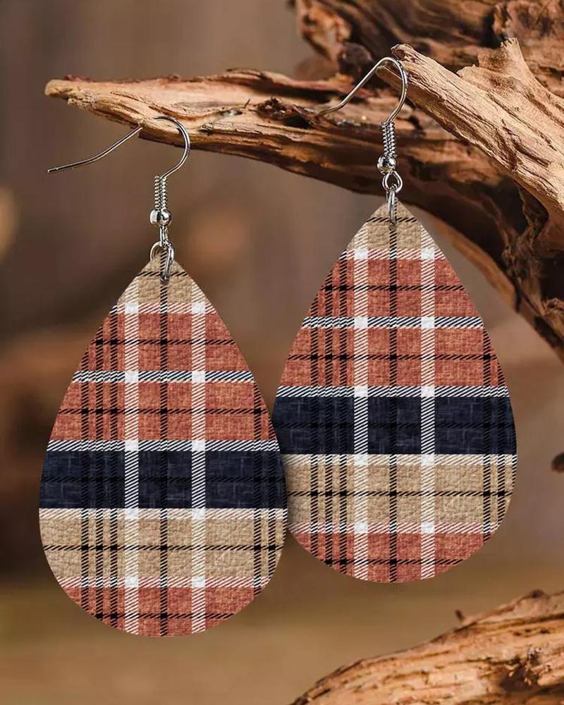 

1Pair Plaid Print Waterdrop Hook Earrings, Brown