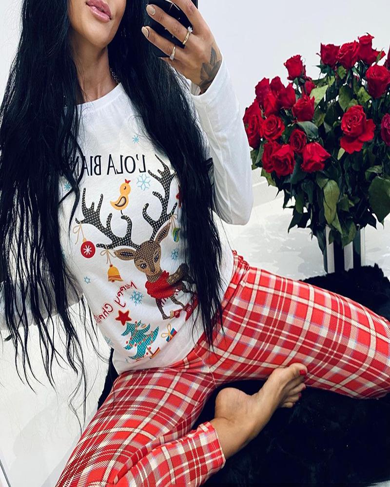 

Christmas Long Sleeve Deer Letter Plaid Print Pajamas Set, Red