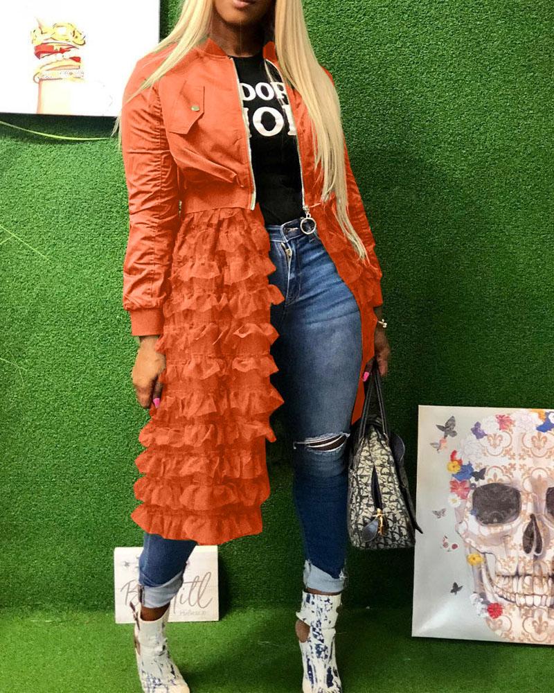 

Plus Size Contrast Mesh Frill Hem Zip Front Longline Jacket, Orange
