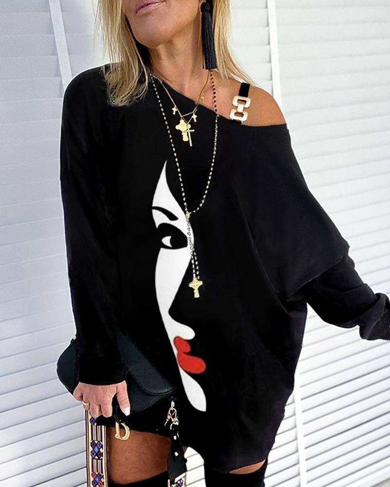 

Abstract Figure Print Cold Shoulder Sweatshirt, Black