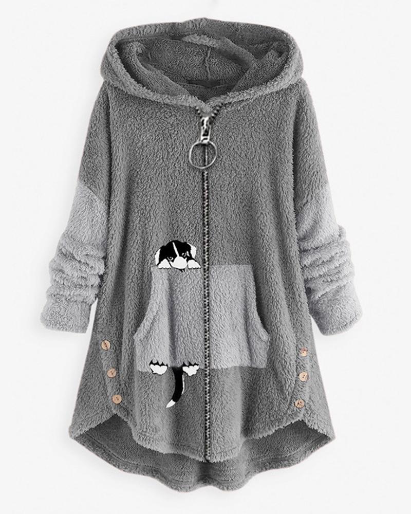 

Dog Print Long Sleeve Hooded Zip Up Teddy Coat, Light gray