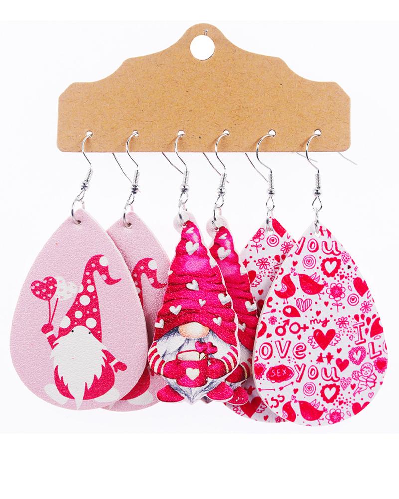 

3Pairs Valentine's Day Gnomes Heart Print Waterdrop Earrings Set, Pink