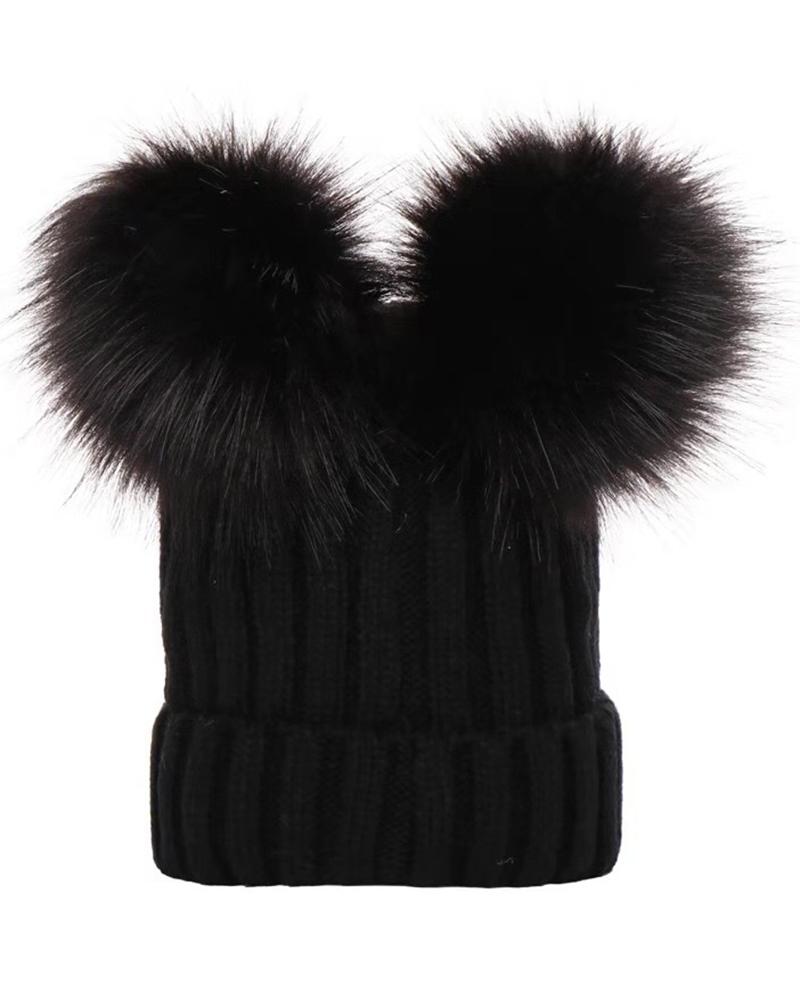 

Knit Double Pom Pom Decor Cuffed Beanie For Kids, Black