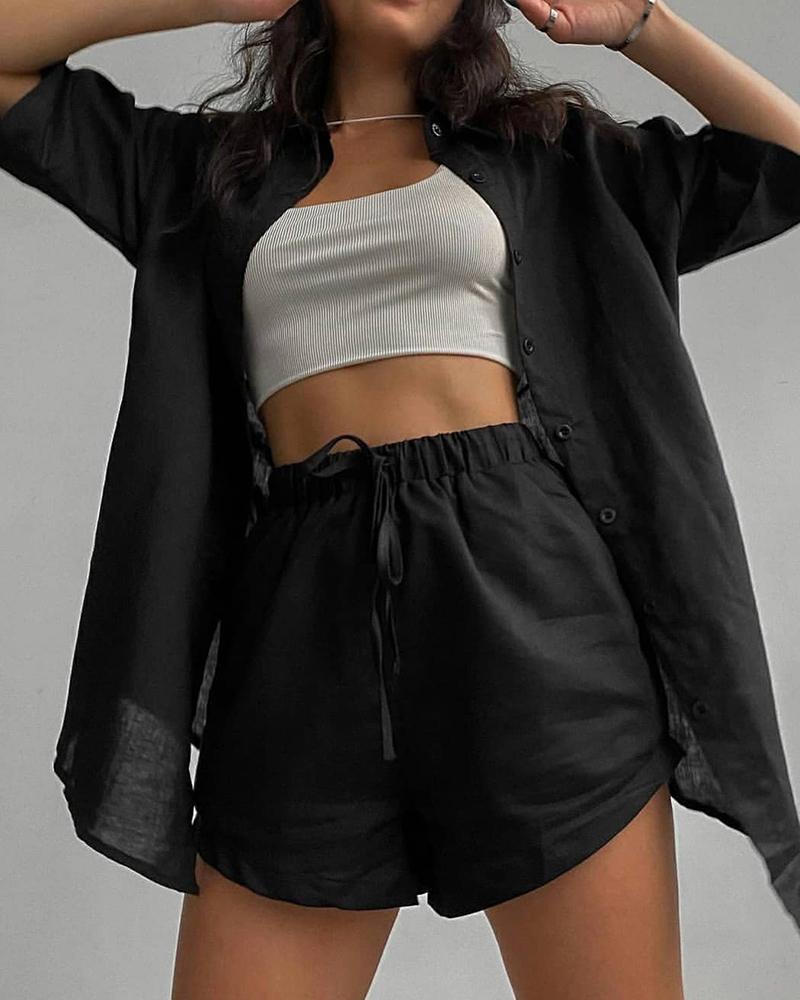 

Solid Color Single-breasted Short Sleeve Shirt With Short Pants Suit Sets, Black