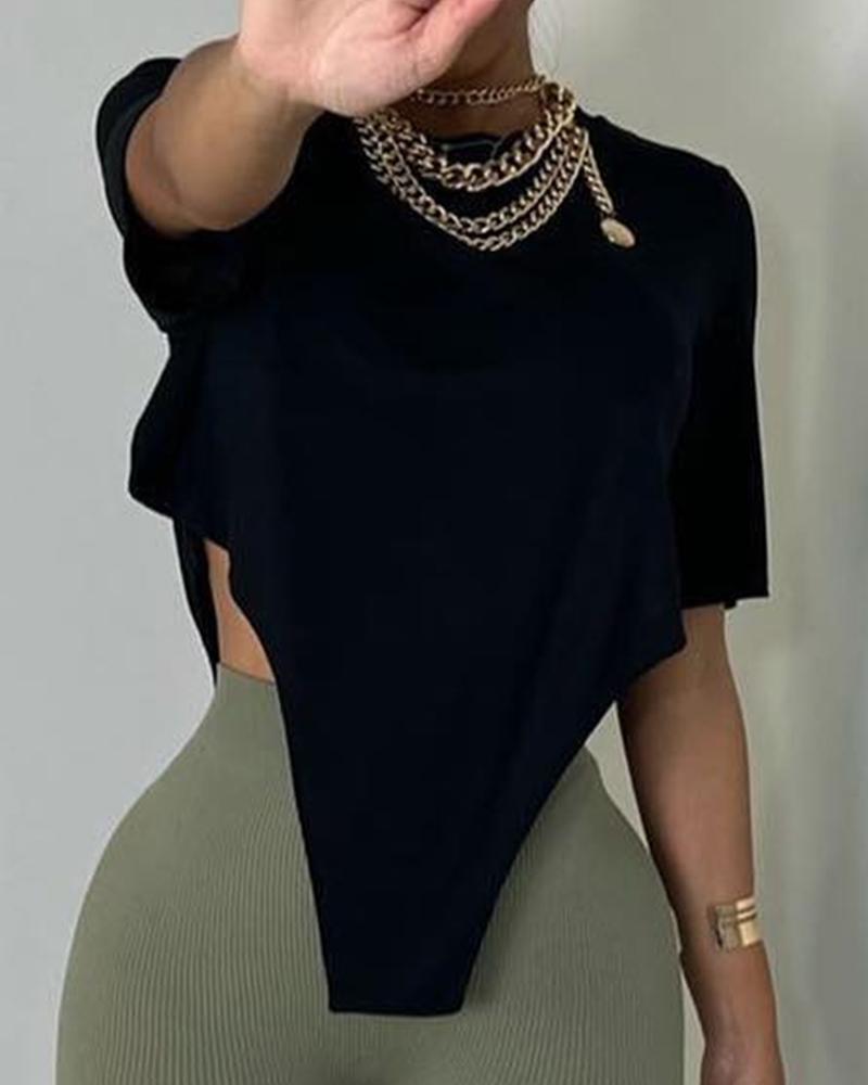 

Asymmetrical Slit Short Sleeve T-shirt, Black