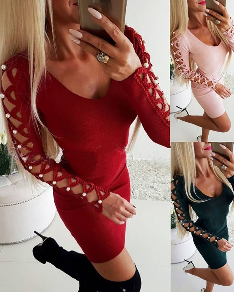 

Beaded Lace Patch Long Sleeve Bodycon Dress, Red