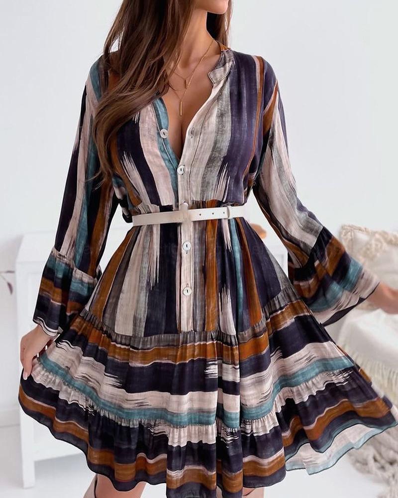 

Striped Long Sleeve Buttoned Pleated Dress, Multicolor