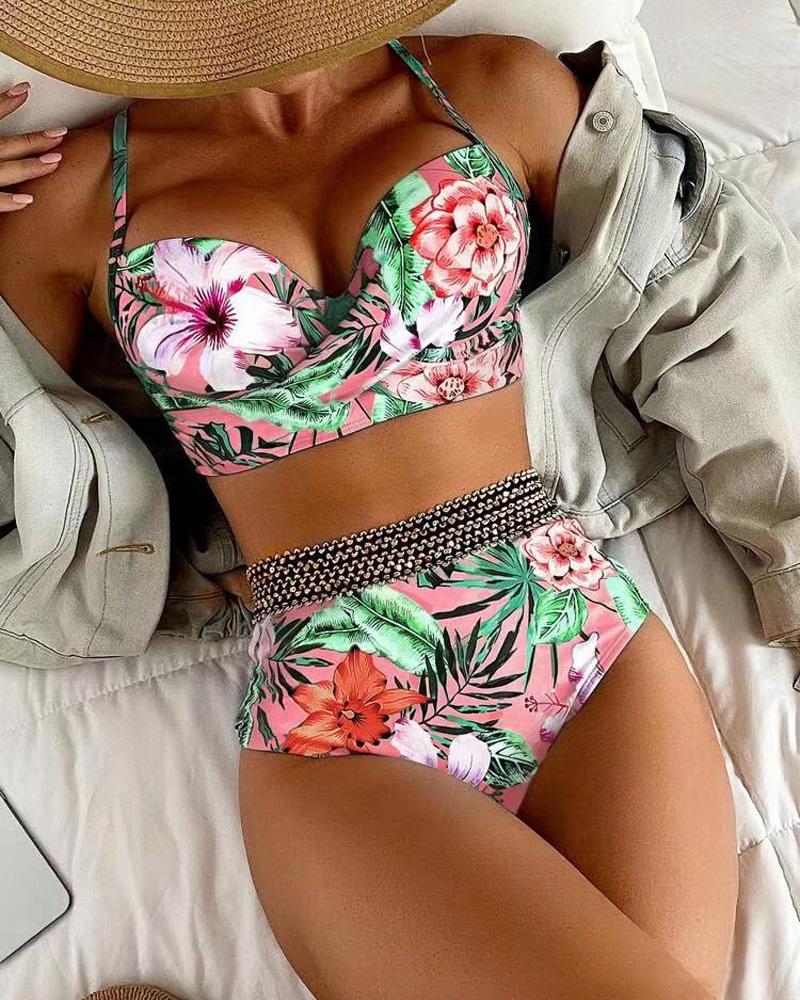 

Tropical Print Crisscross Summer Beach Bikini Set, Orange