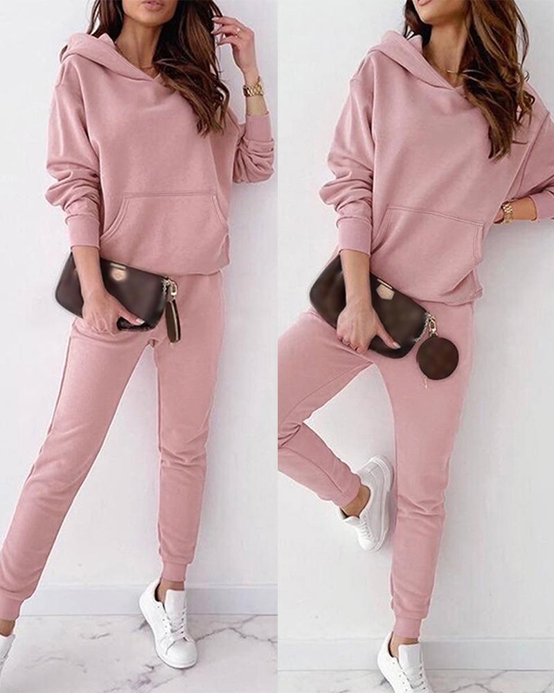 

Pocket Design Hooded Top & Cuffed Pants Set, Pink