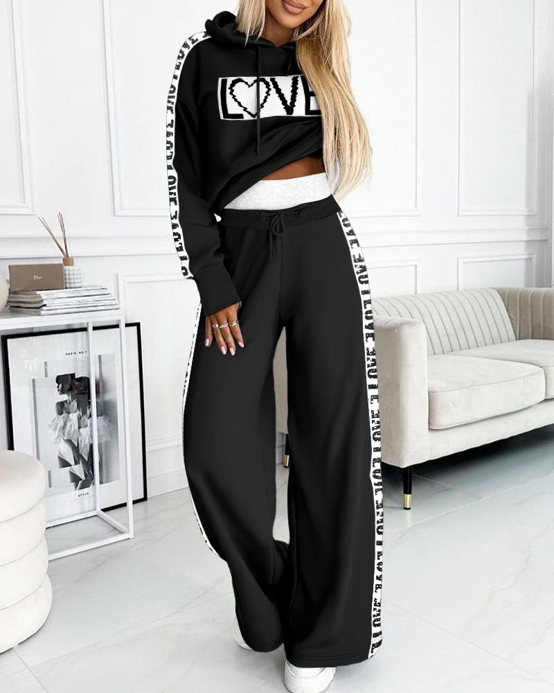 

Love Letter Print Hoodie & Wide Leg Pants Set, Black