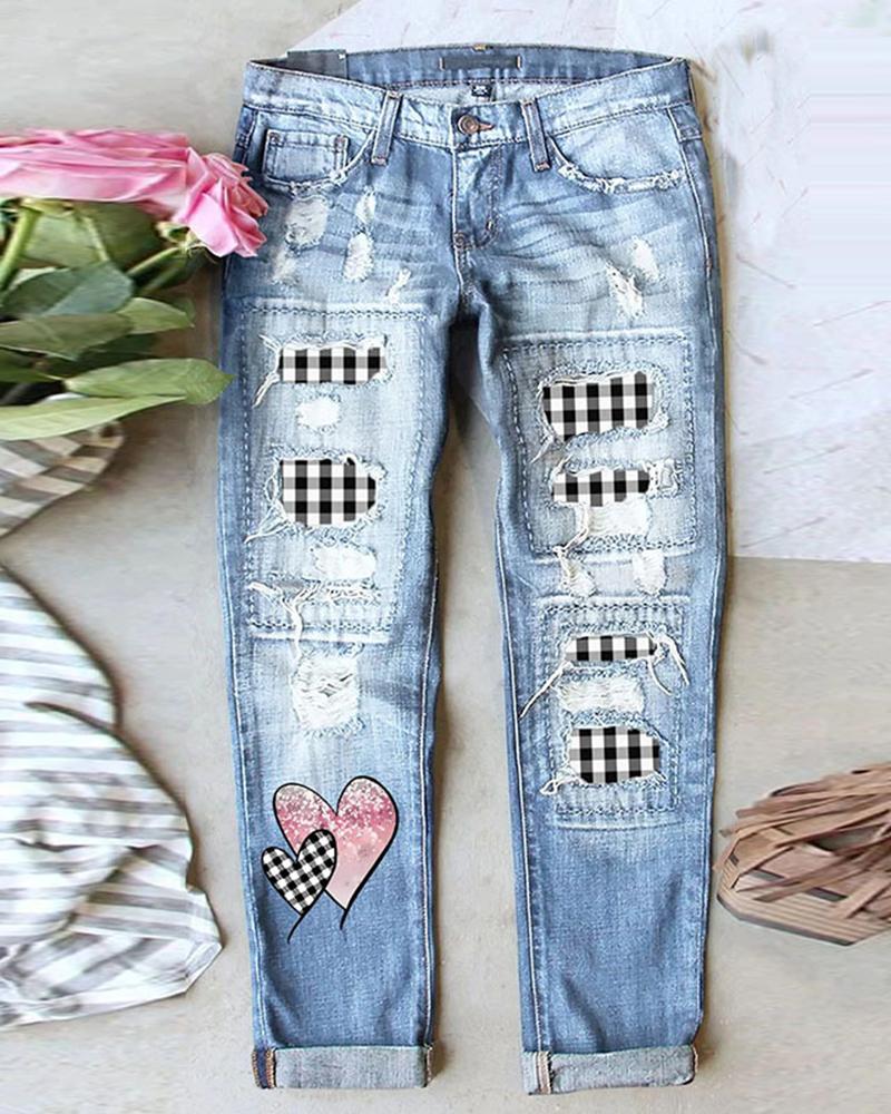 

Valentine's Day Contrast Plaid Heart Print Ripped Jeans, Blue