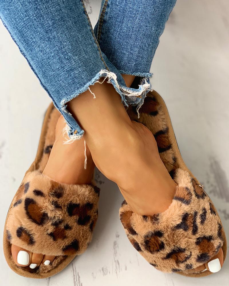 

Fluffy Leopard Open Toe Flat Slippers, Brown