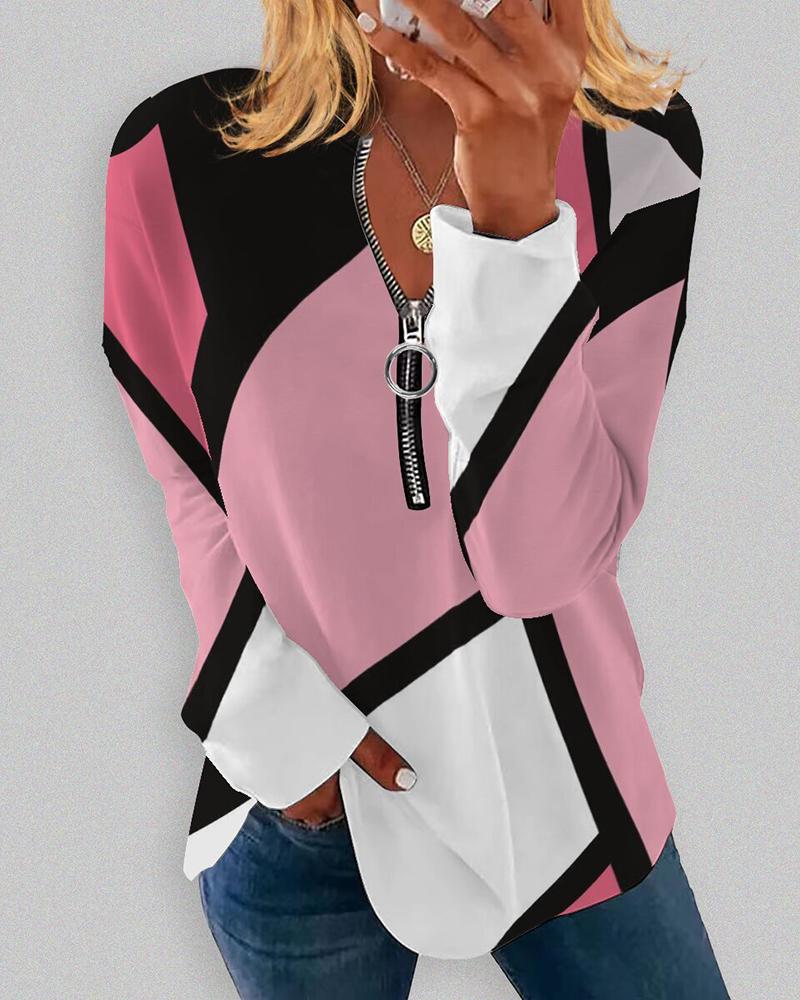 

Geometric Print Zipper Design Top, Hot pink