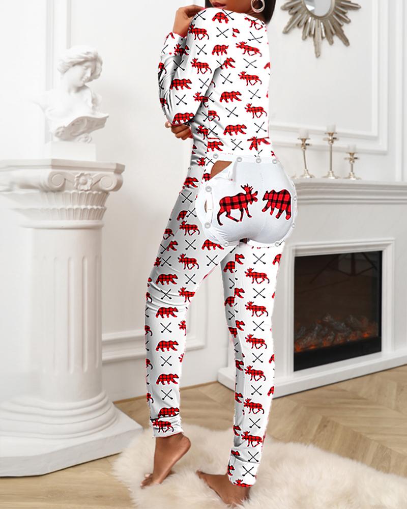 

Christmas Animal Print Long Sleeve Functional Buttoned Flap Pajamas, White