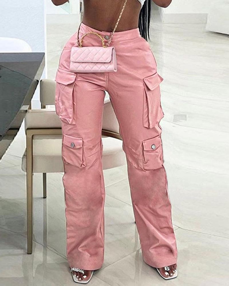

Straight Leg Pocket Design PU Leather Pants, Pink