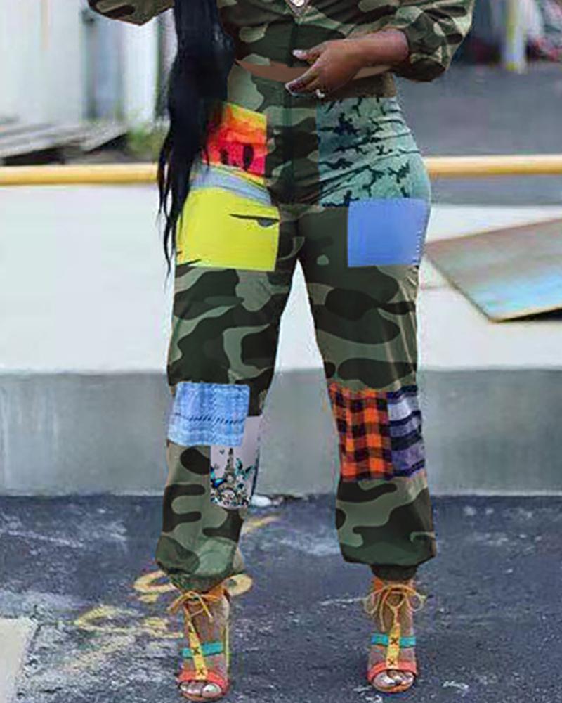 

Colorblock Camouflage Print Casual Cargo Pants, Army green