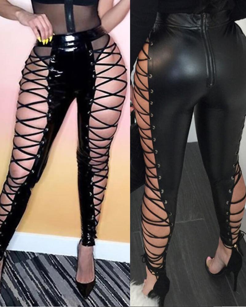 

Solid Color PU Leather Cut-out Lace-up Skinny Pants, Black