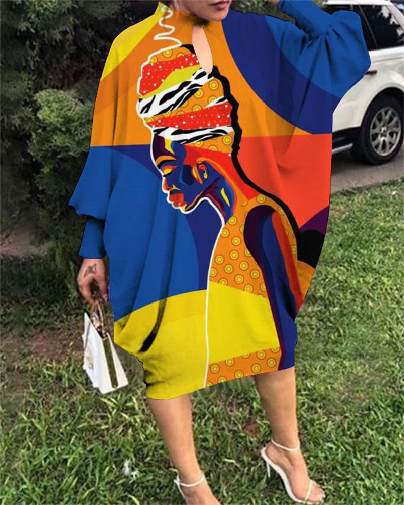 

Plus Size Figure Print Batwing Lantern Sleeve Casual Dress, Yellow