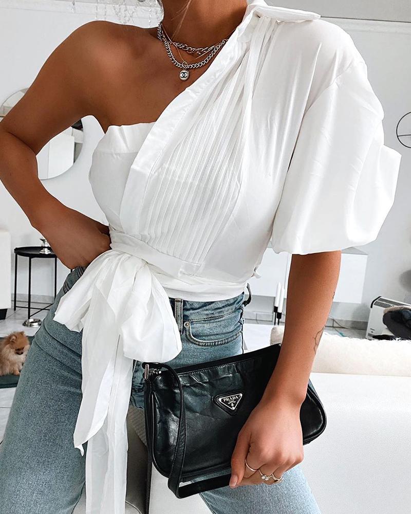 

One Shoulder Tie Front Top, White