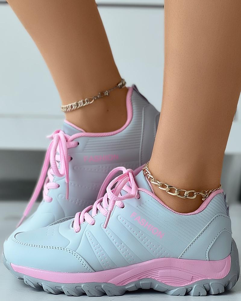 

Letter Pattern Lace-up Sneakers, Pink&gray