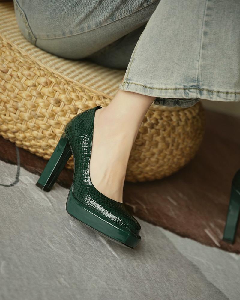 

Snakeskin Pattern Square Toe Platform Chunky Heels, Green