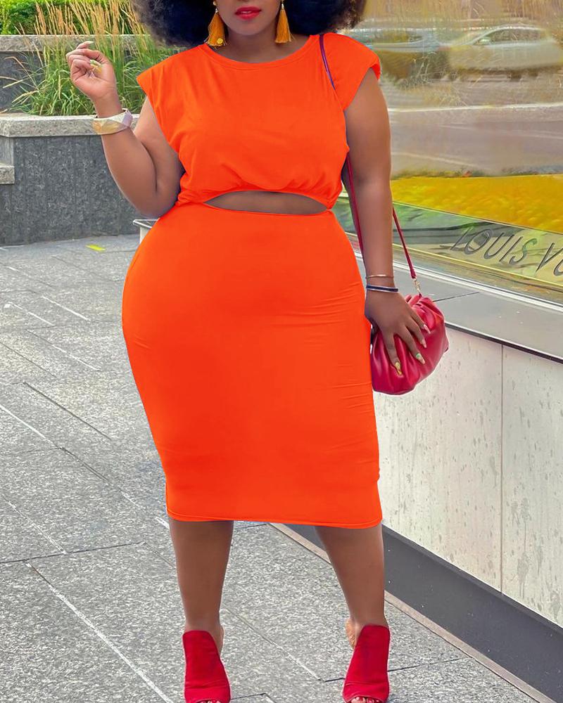 

Plus Size Shoulder Pad Crop Top & Skirt Set, Orange