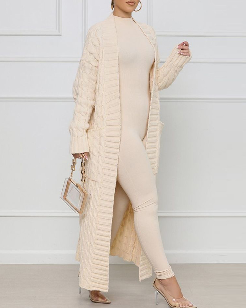 

Pocket Design Cable Longline Knit Cardigan, Beige