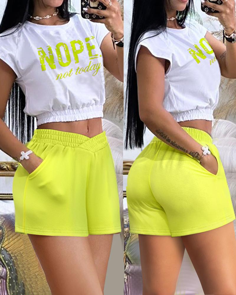 

Nope Not Today Print Cap Sleeve Top & Overlap Waist Shorts Set, Lvs green