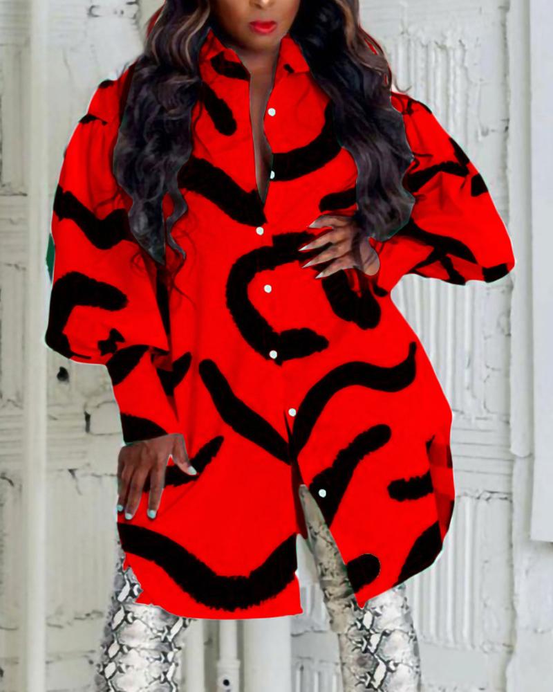

Plus Size Abstract Print Lantern Sleeve Shirt Dress, Red