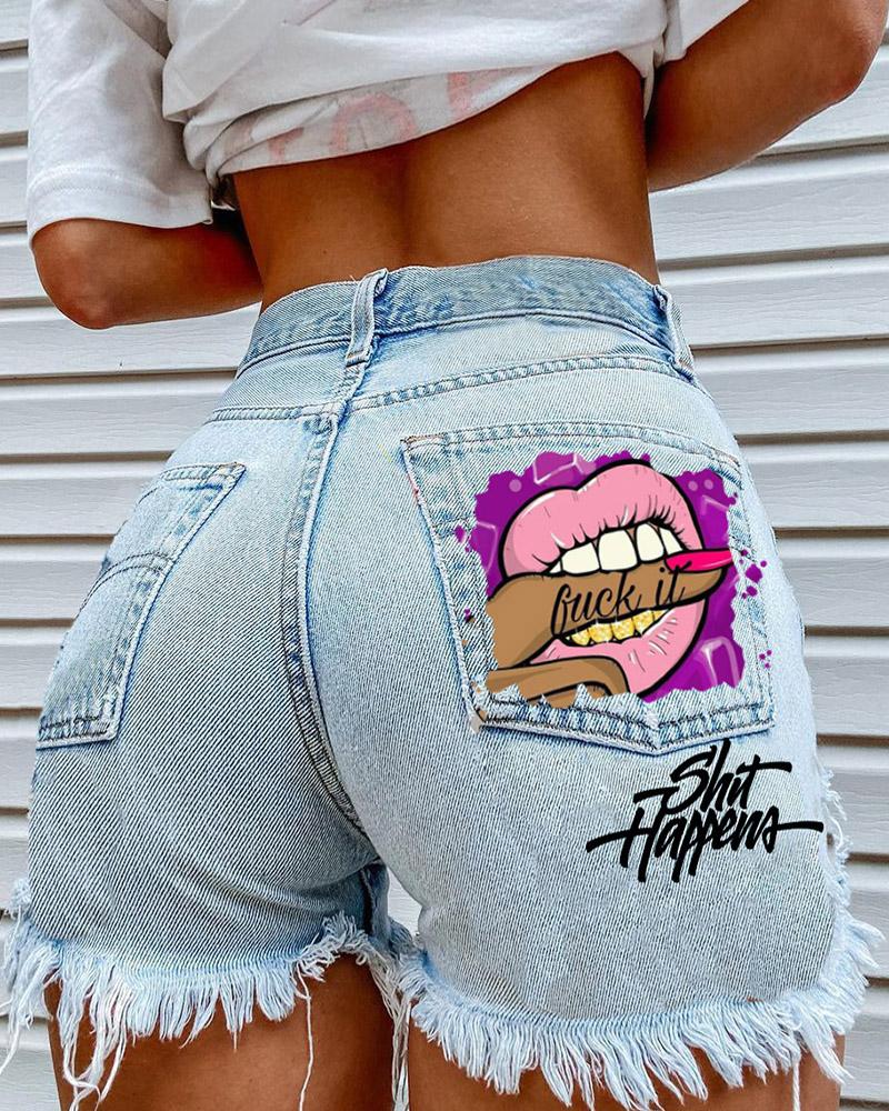 

Lip Letter Print Ripped Raw Hem Denim Shorts, Blue